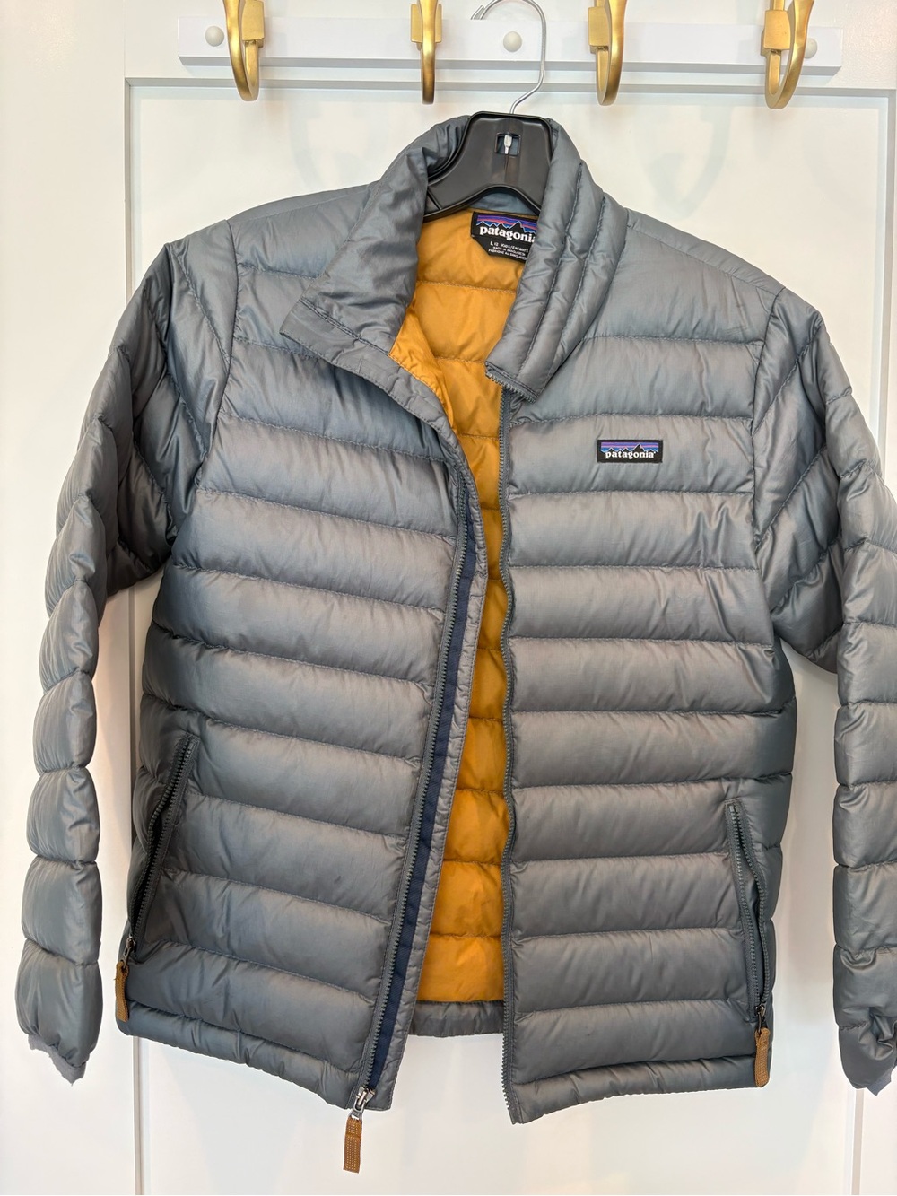Patagonia Kids Down Sweater in Gray with Mustard Lining